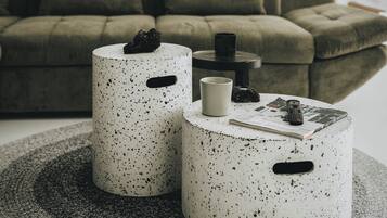 Een smart-tv, een open haard, boeken en een stereo