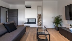 Un salon moderne avec un canapé gris, une table basse en verre, un téléviseur, une cheminée et une plante en pot.