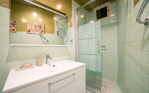 Shower, hair dryer, towels