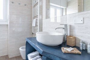 Shower, hair dryer, towels