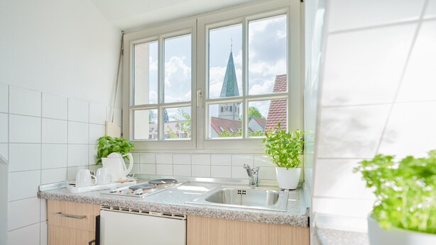 A modern kitchen with a large window, white cabinets, and two potted plants. - Apart Business Hotel  (Stuttgart)