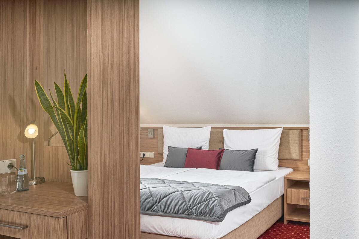 A hotel room with a bed, bedside tables, a lamp, and a potted plant.