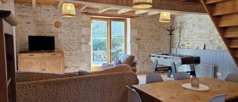 TV, foosball, table tennis, books