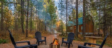 A forest setting with a fire pit and chairs arranged for outdoor seating.
