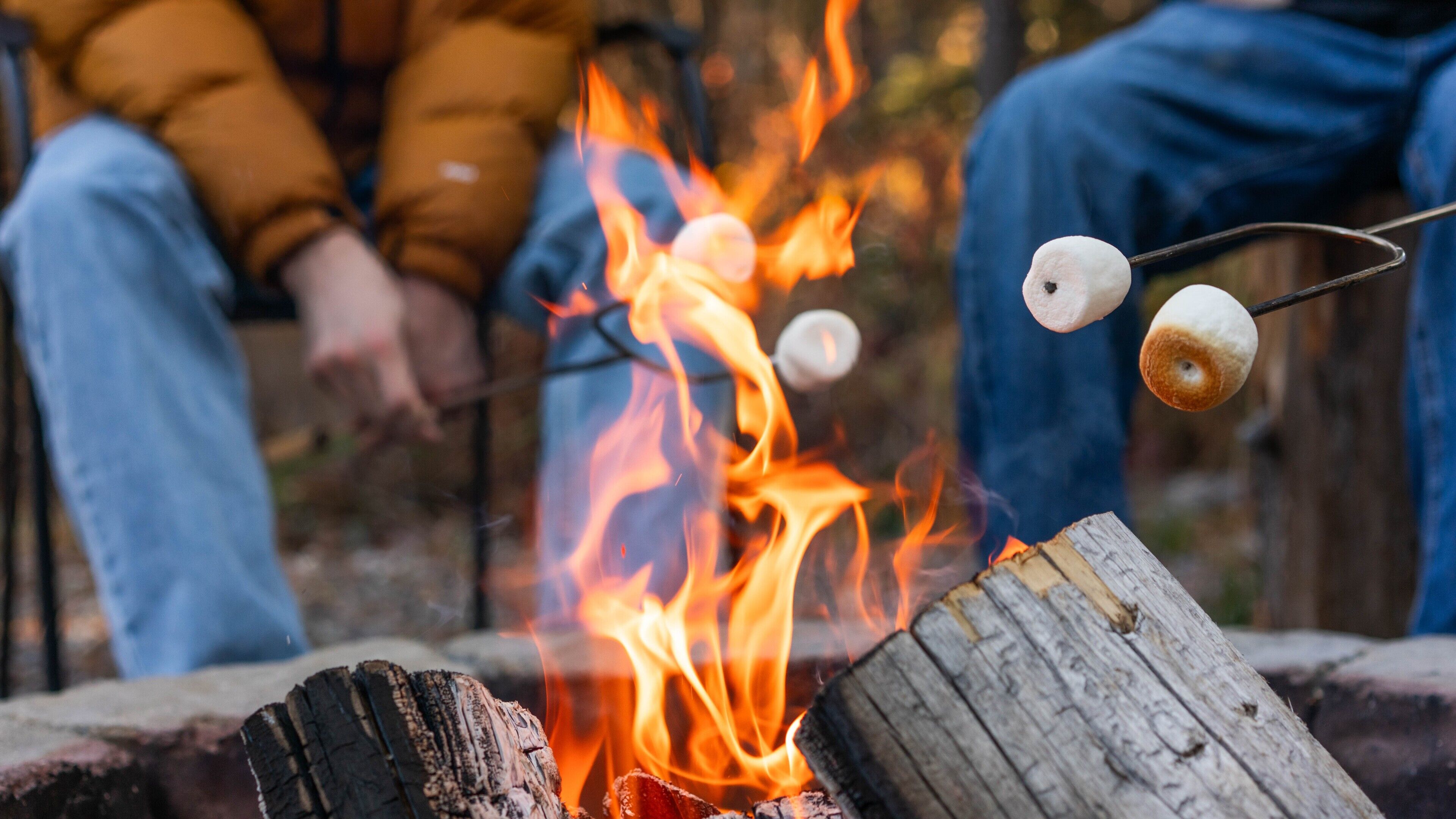 Ein Lagerfeuer mit Holzscheiten und einem Stock, an dem ein Marshmallow geröstet wird.