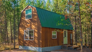 A wooden cabin with a green roof, a front door, and a window.