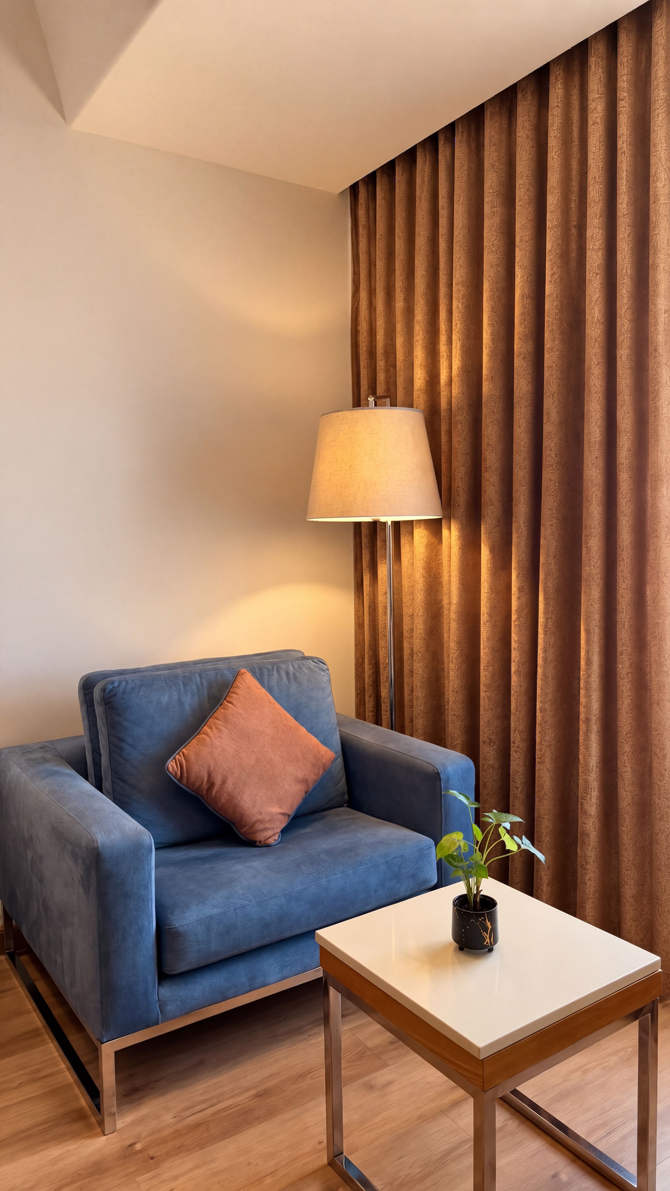 A room with a blue sofa, a lamp, a small table, and a plant.