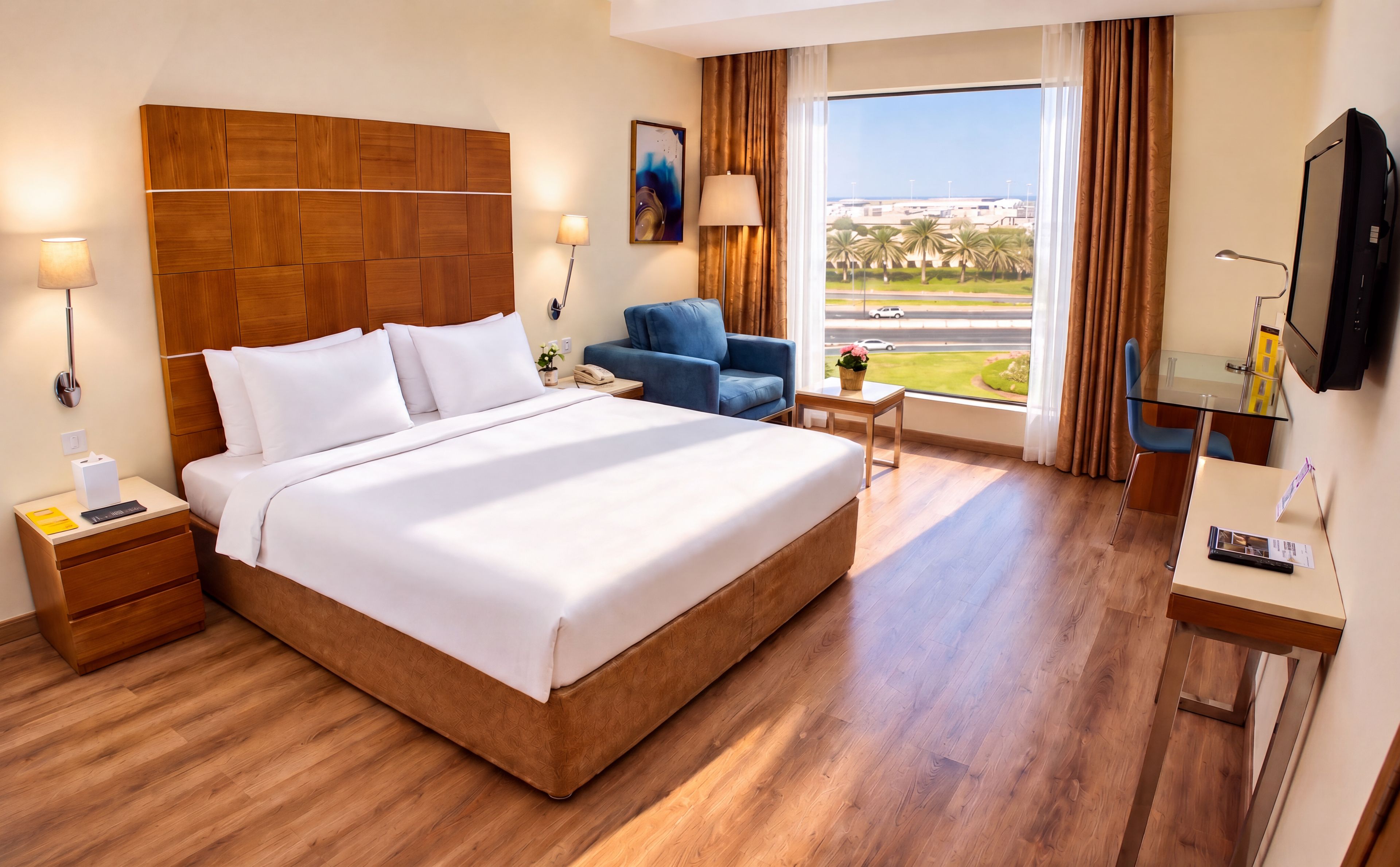 Habitación de hotel con una cama grande, un escritorio, una silla, un televisor y un ventanal con vista a palmeras y una carretera.