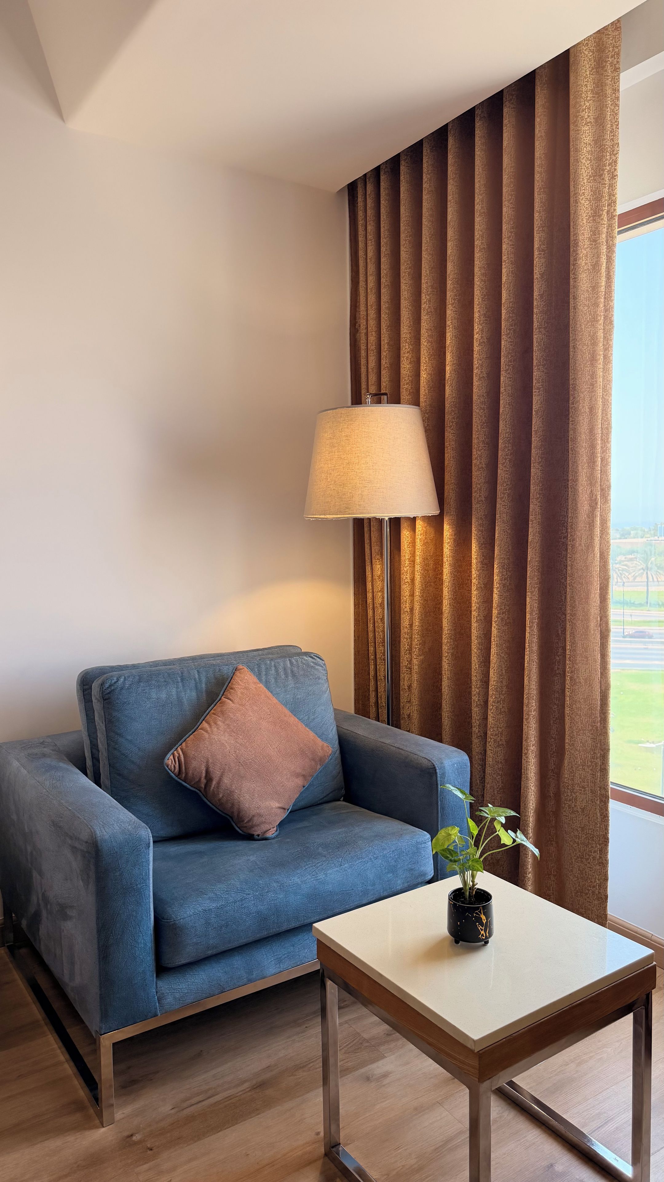 A room with a blue sofa, a lamp, a small table with a plant, and a view through curtains.