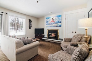 Smart TV, chimenea y libros 