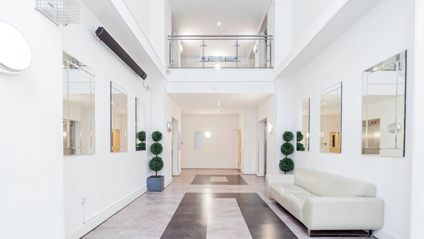 A spacious, modern hallway with a central rug, a white sofa, and potted plants. - Modern 2-Bedroom Apartment in Central Basingstoke  walk to Festival Place & The Avil Theatre . (Basingstoke)