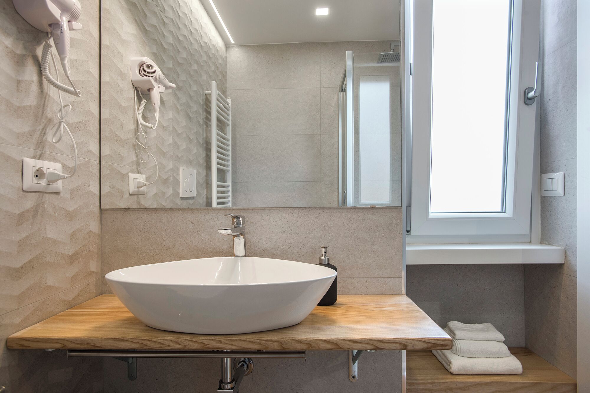 Shower, hair dryer, bidet, towels