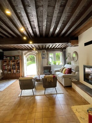 TV, fireplace, books, computer monitors