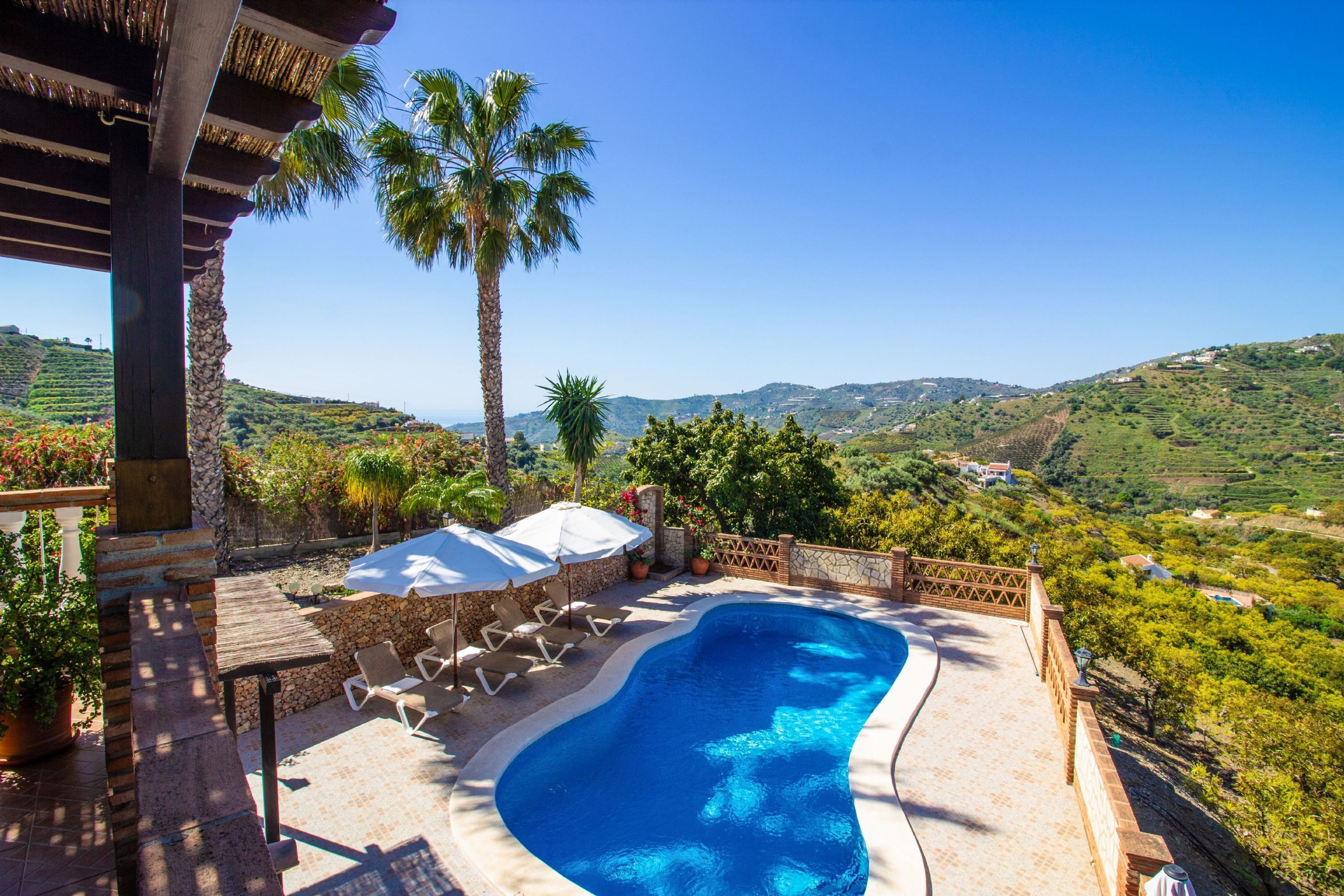 A swimming pool with lounge chairs and umbrellas, surrounded by a stone wall and palm trees, overlooking a hilly landscape.