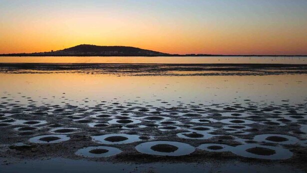 Une plage au coucher du soleil, avec une mer calme et une colline qui se dessine à l’horizon.