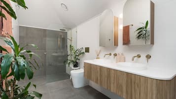 Shower, hair dryer, towels, shampoo