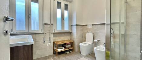 Shower, hair dryer, bidet, towels