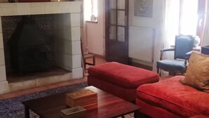 A living room with a fireplace, red upholstered furniture, a wooden coffee table, and a patterned rug.