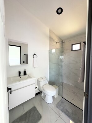 Ein modernes Badezimmer mit Waschbecken, Toilette und Duschkabine aus Glas.
