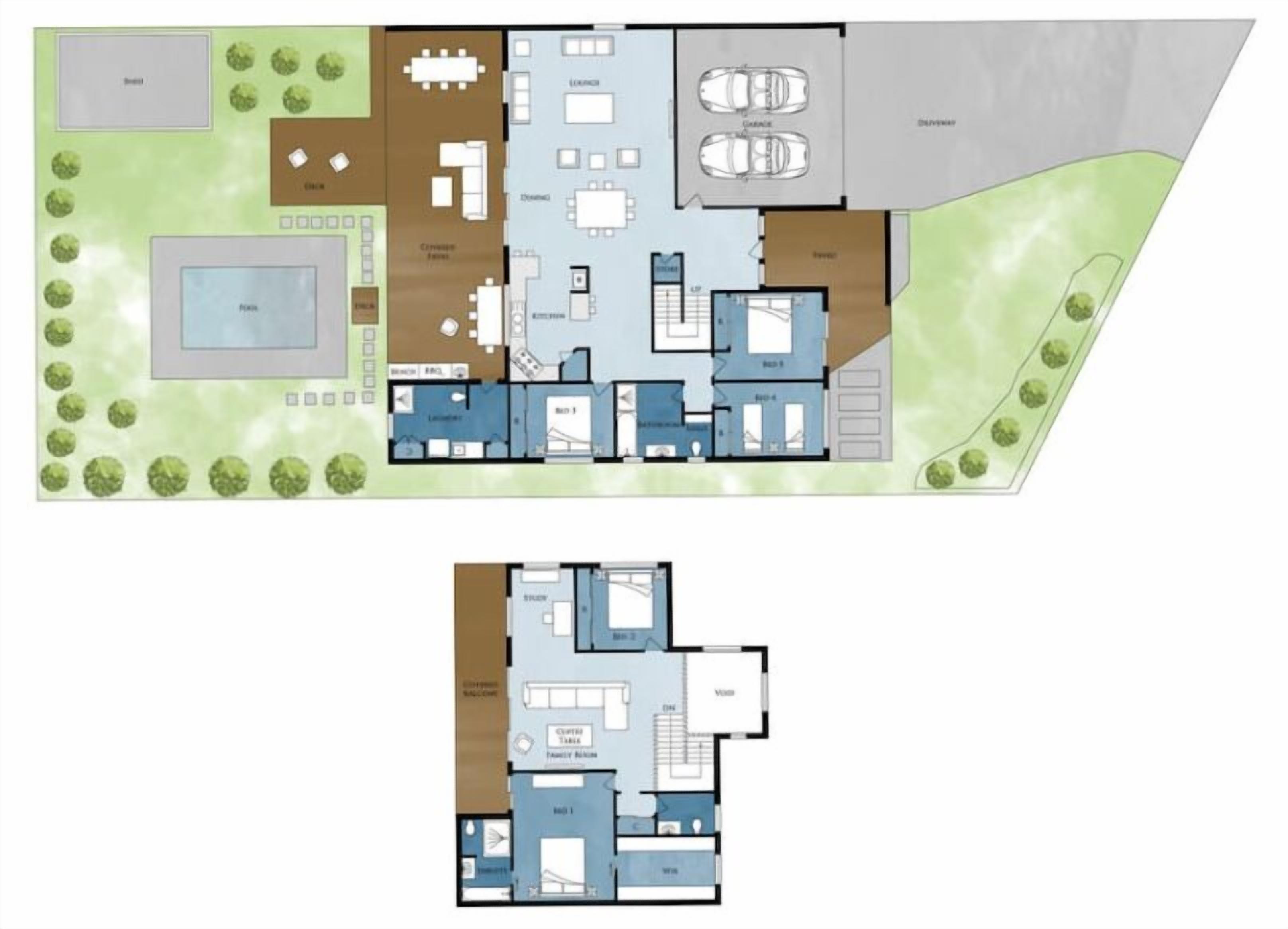 Plano de un hotel que incluye piscina, comedor y varias habitaciones.