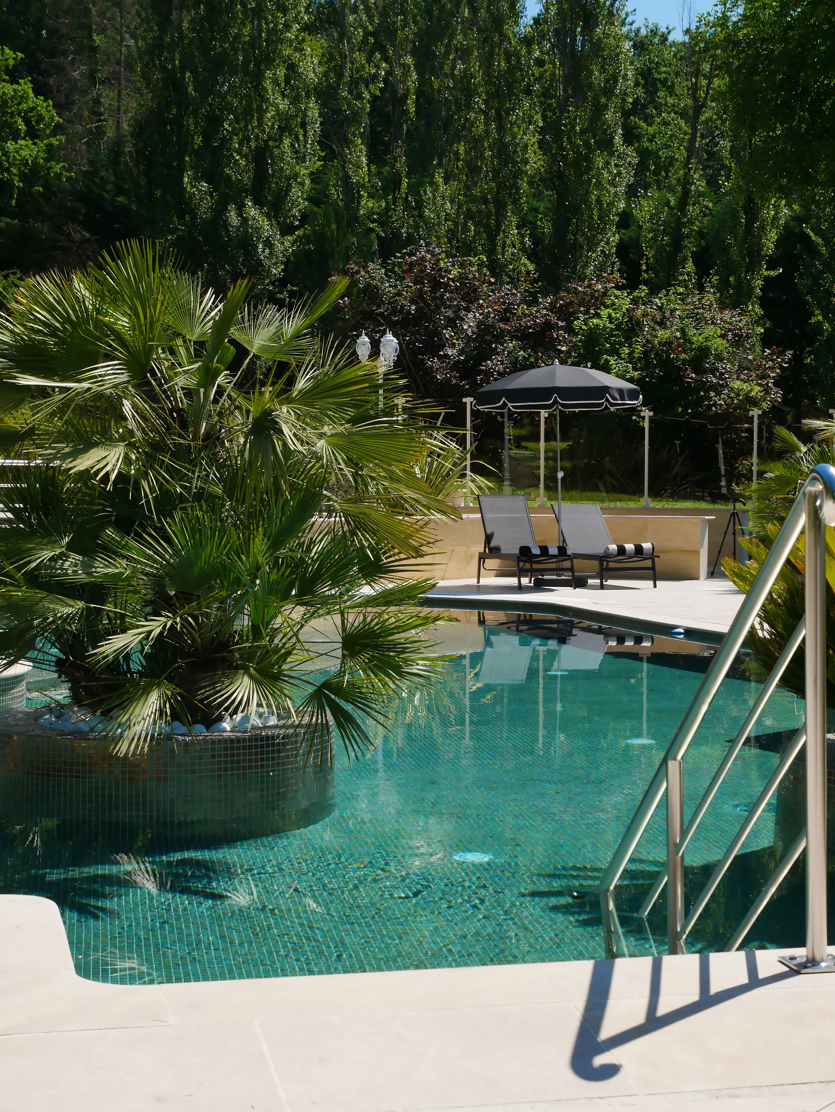 A swimming pool with a tiled edge, surrounded by palm trees and a gazebo with lounge chairs.