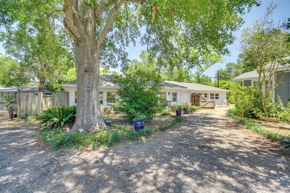 A residential area with a large tree, a gravel driveway, and houses with visible windows and doors. - Long Beach Studio Near Main Street (Long Beach)