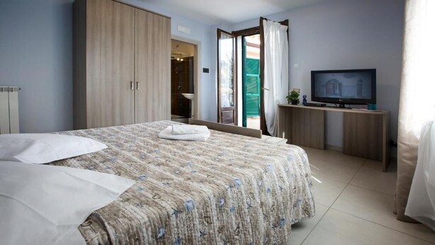 Un dormitorio con cama, televisor y armario.