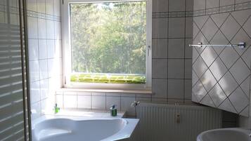 Dusche, Haartrockner, Handtücher, Seife