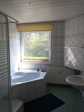 Dusche, Haartrockner, Handtücher, Seife