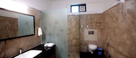 A bathroom with a marble sink, a glass shower enclosure, and a toilet.