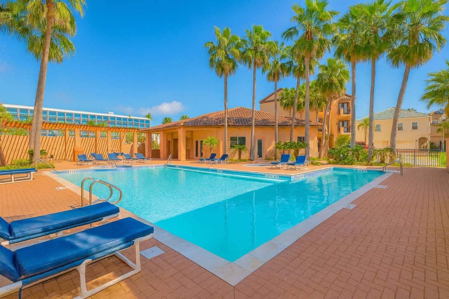 A swimming pool with lounge chairs and palm trees.