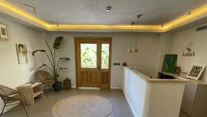 Zona de recepción con puerta de madera, mostrador de recepción, planta en maceta y alfombra tejida.