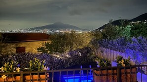 Vue nocturne d’une piscine sur le toit, avec le paysage urbain en arrière-plan.