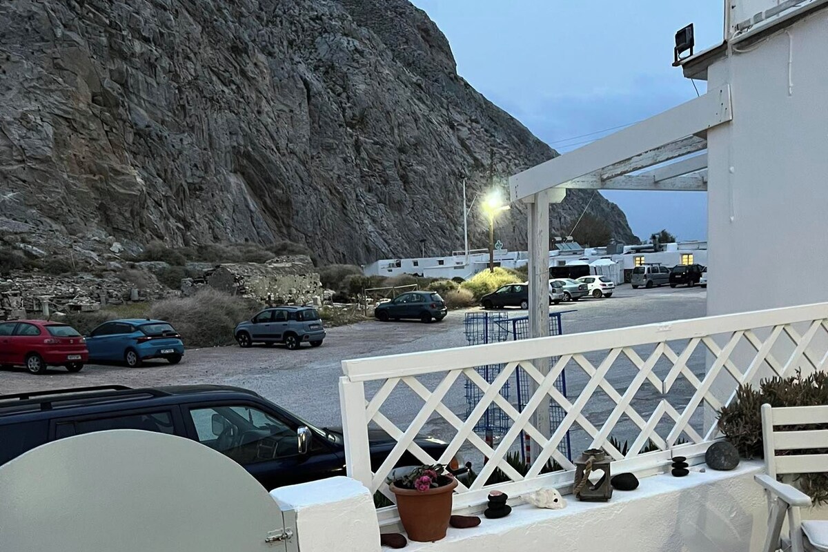 A terrace with a stone floor, white railing, and a potted plant.