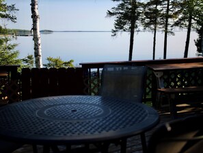 Una mesa metálica redonda con superficie perforada, rodeada de bancos de madera y una valla enrejada, con vistas a un lago tranquilo con árboles al fondo.