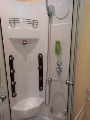 Shower, eco-friendly toiletries, hair dryer, towels