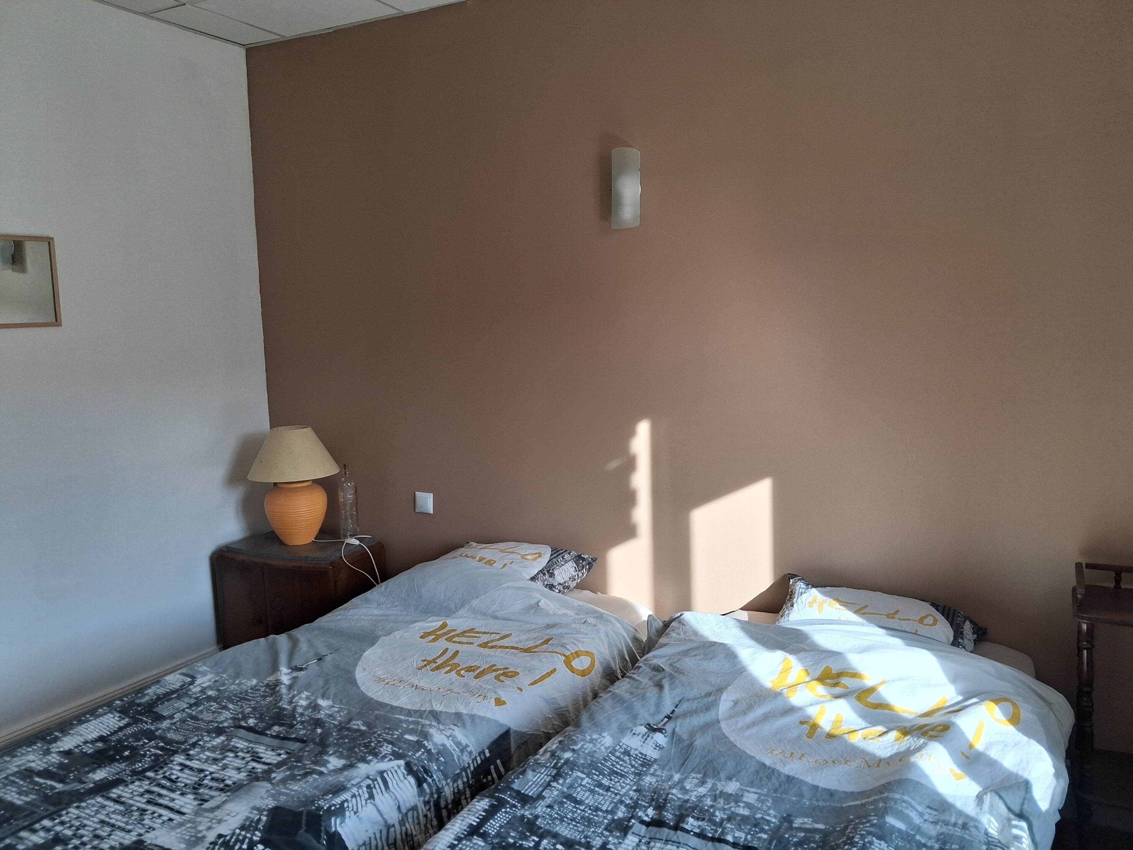 Une chambre avec deux lits, une lampe et un luminaire fixé au mur.