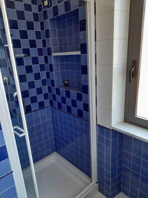 Shower, hair dryer, bidet, towels
