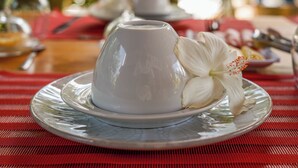 A white ceramic cup on a clear glass saucer with a white flower on it, placed on a red and white striped tablecloth. - Pousada Brisas de Sagi (Baia Formosa)