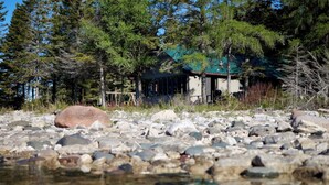 A rustic cabin with a green roof, surrounded by a rocky shoreline and dense forest.
