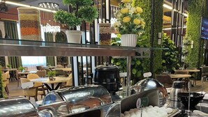 Buffetområde med et udvalg af mad, herunder pizza og æg, i en moderne restaurant med planter og siddepladser.