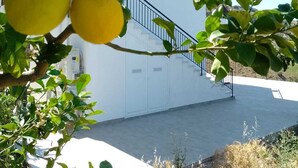 A building with a white exterior, a black metal staircase, and a tree with yellow fruit. - Granatelli Holiday Home (Altavilla Milicia)