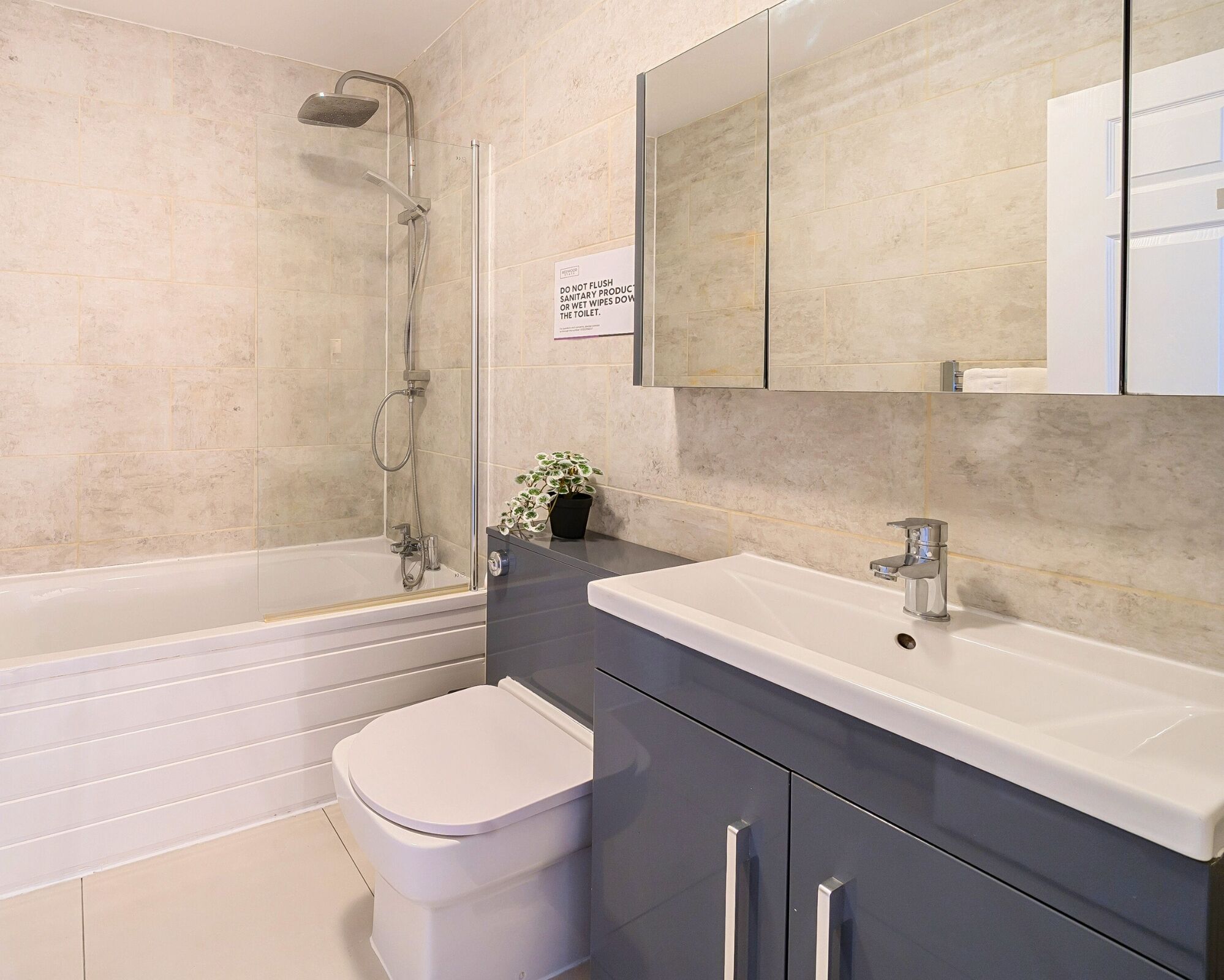 A modern bathroom with a glass-enclosed shower, a white toilet, a sink with a mirror, and a potted plant.