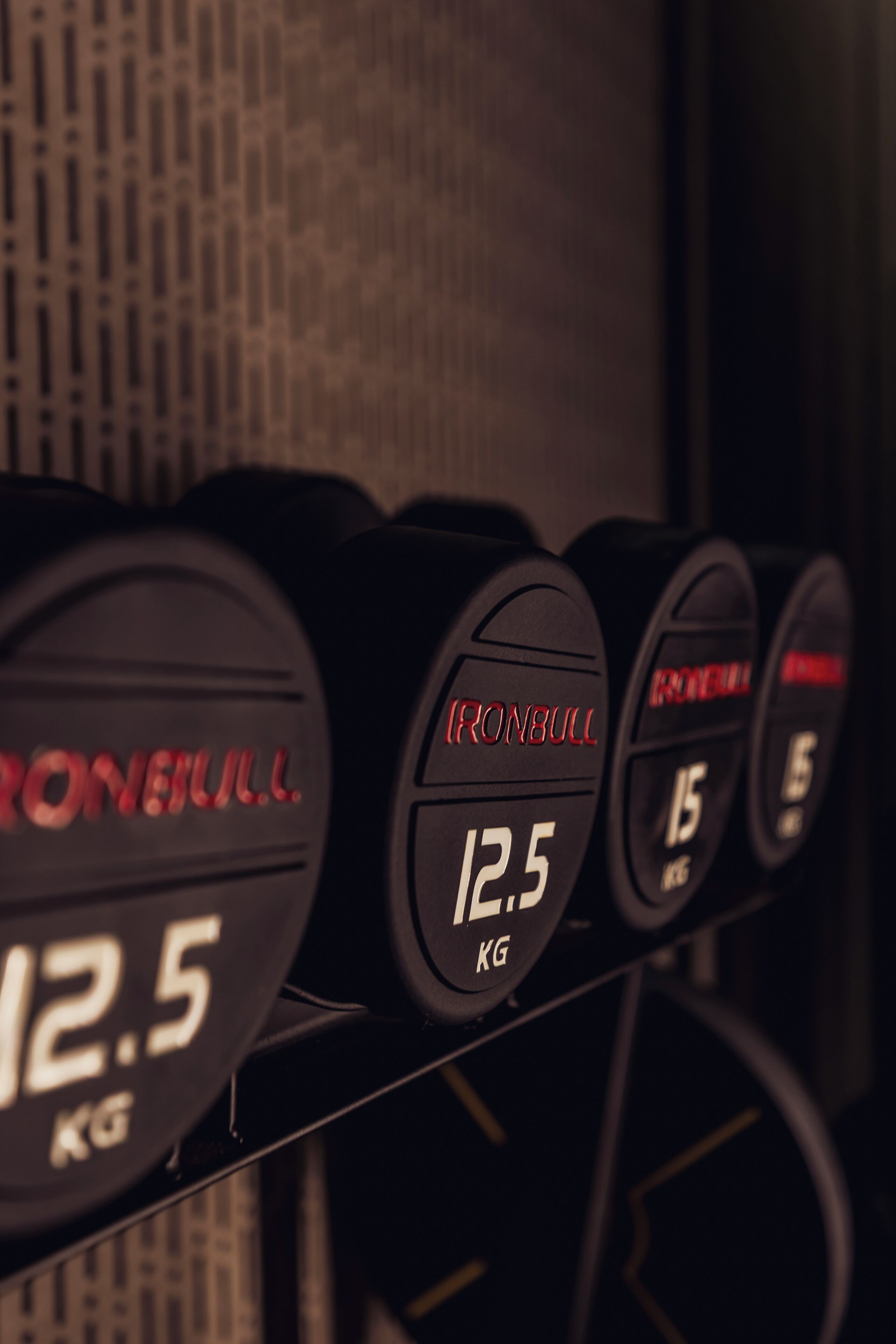 A row of weight plates labeled with 'IRONBULL' and weights of 12.5 KG and 15 KG.