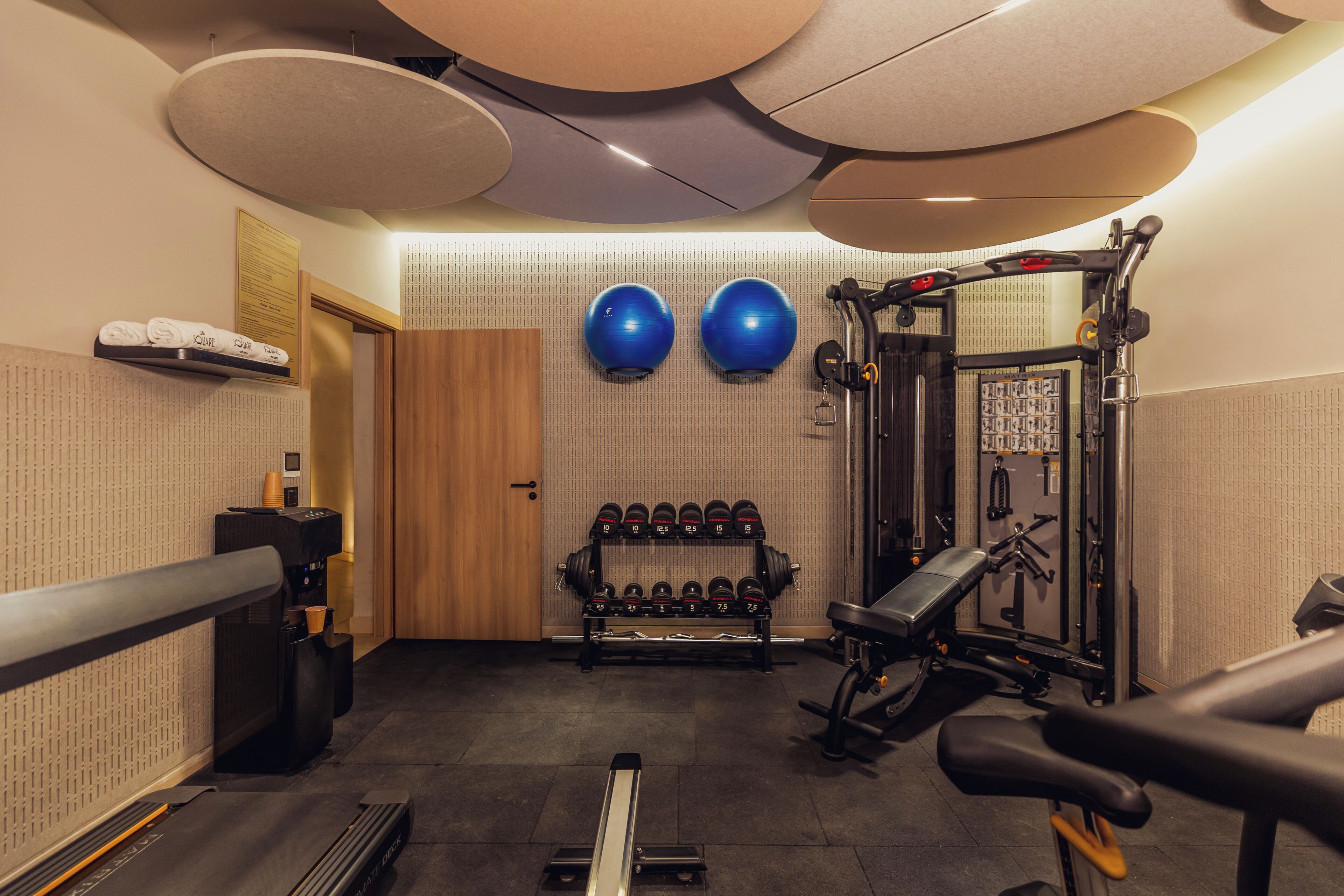 A gym with exercise equipment, a treadmill, and a wall-mounted dumbbell rack.