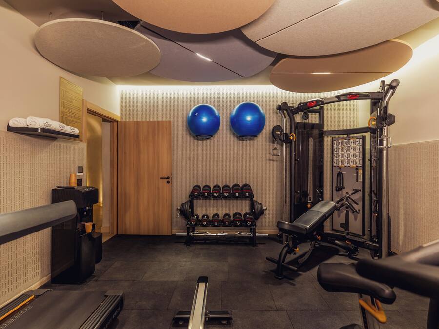A gym with exercise equipment, a treadmill, and a wall-mounted dumbbell rack.