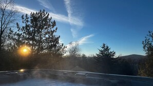 A hot tub in a natural setting with trees and a clear sky.