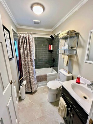 Shower, hair dryer, towels
