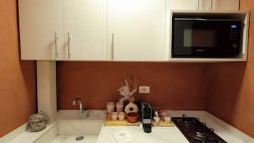 Frigobar, microondas, placa de cocina, utensilios de cocina