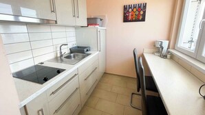 A compact kitchen with a sink, stove, and cabinets. - Studio with air conditioning, garden and terrace (Novi Vinodolski)